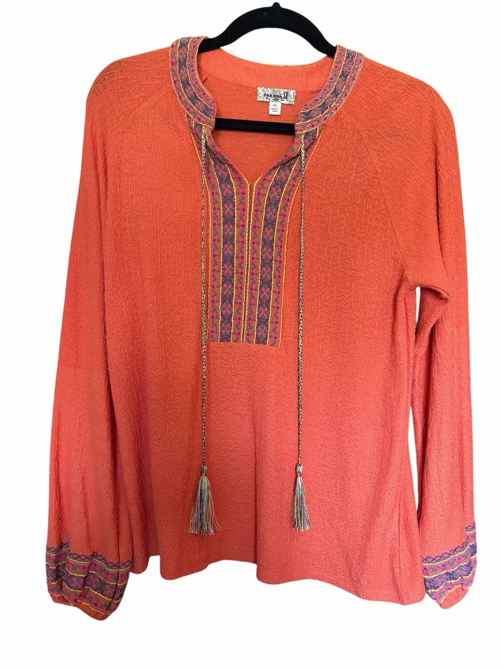 Boho Orange-Coral Embroidered Tassel Peasant Tunic